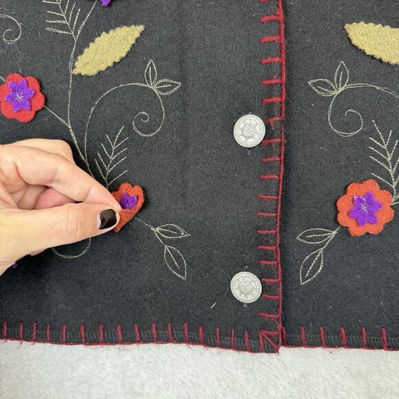 Vtg Lemon Grass Felt Wool Blend Vest Womens XL Black Floral Embroidered 3D Artsy - Picture 2 of 8